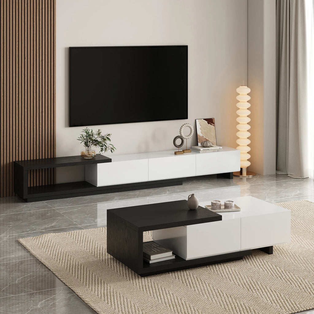 Ensemble meuble TV extensible et table basse Quoint Blanc & noir