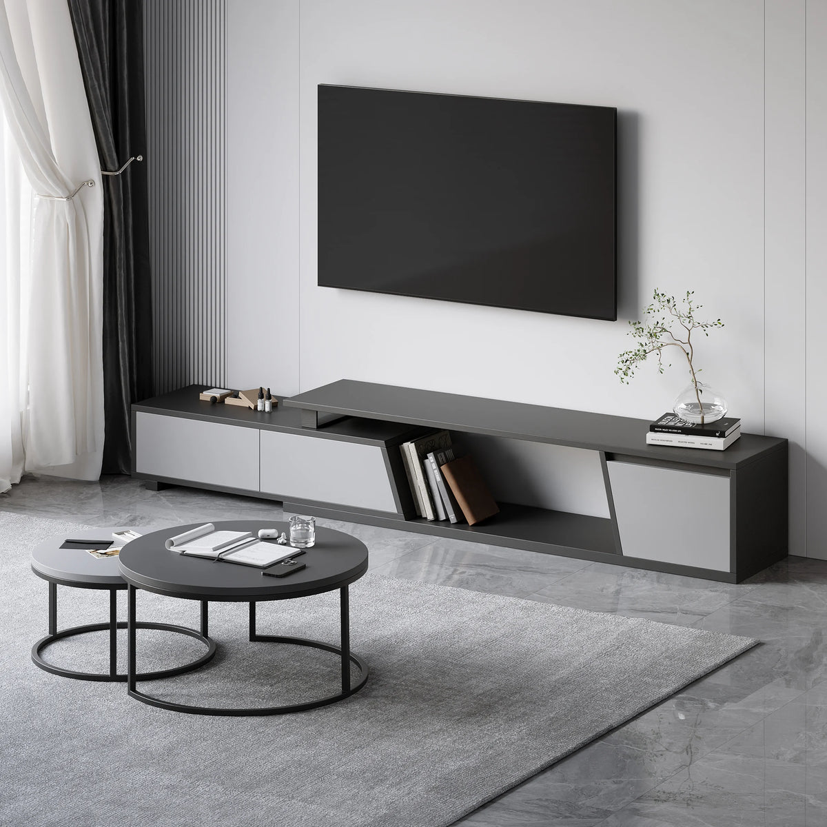 Ensemble meuble tv extensible gris et table basse emboîtable Fero
