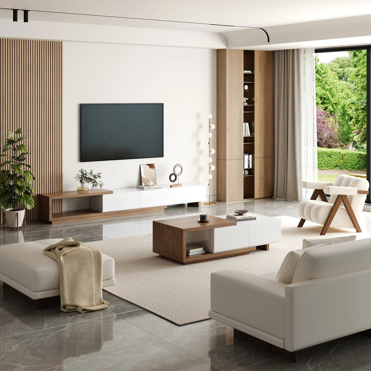 Ensemble meuble TV extensible et table basse Quoint Blanc & noyer