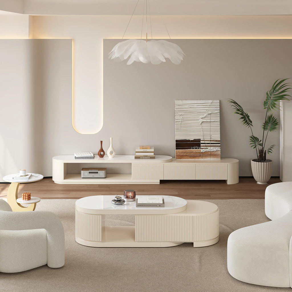 Ensemble meuble TV extensible et table basse Velar Ivoire mat