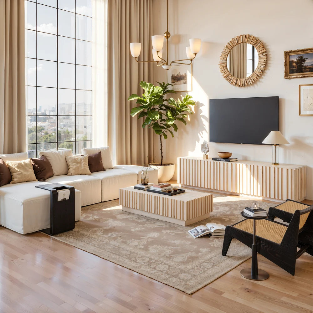 Ensemble meuble TV Aura avec meuble TV à lattes en bois de frêne et table basse Bois blanc