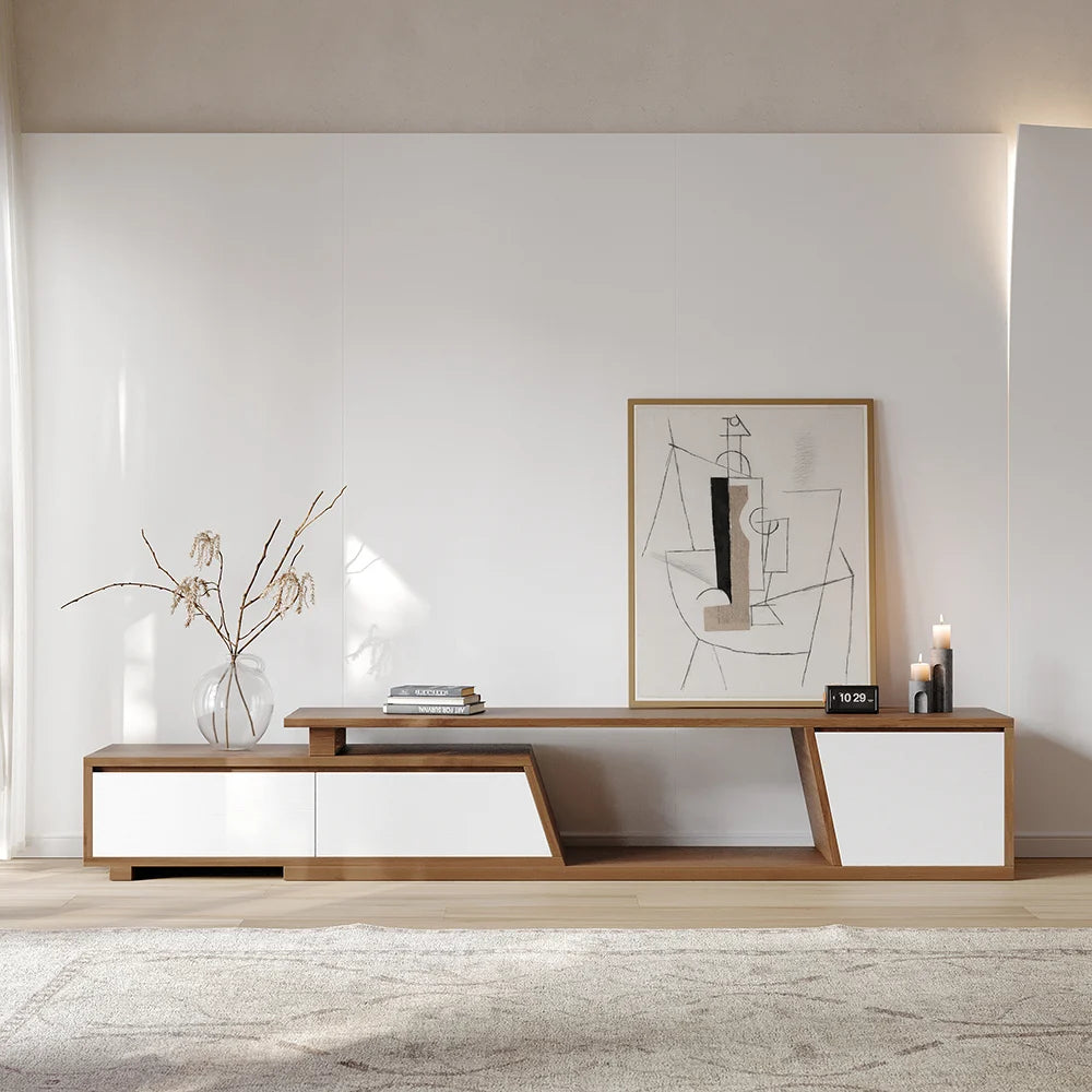 Ensemble meuble TV Fero en bois blanc et noyer, meuble TV extensible et table basse rectangulaire