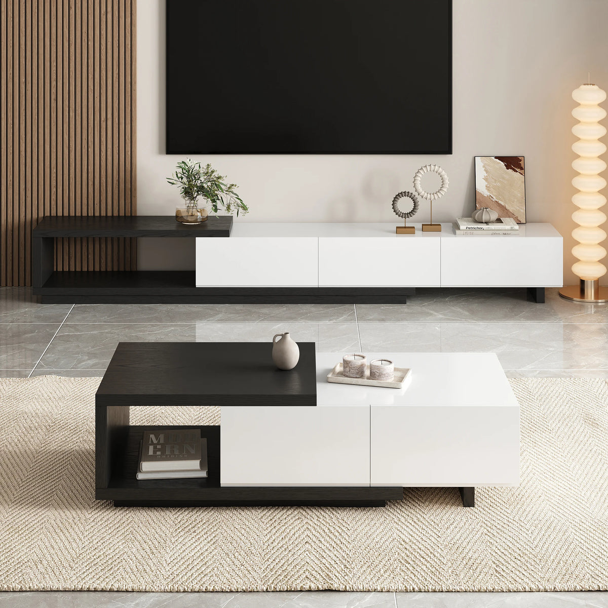 Ensemble meuble TV extensible et table basse Quoint Blanc & noir