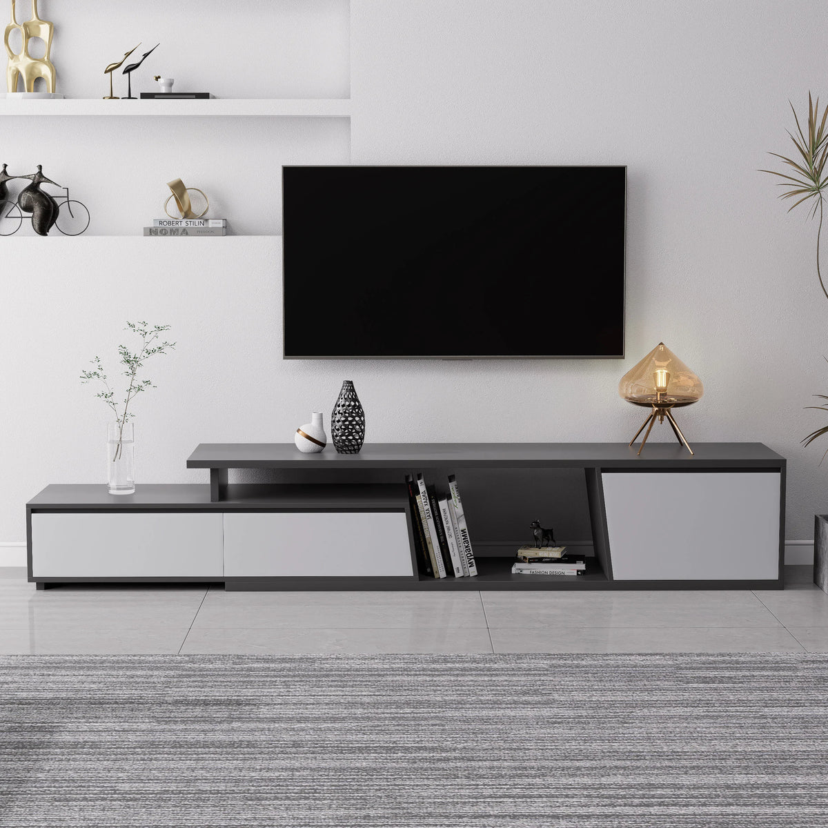 Ensemble meuble TV Fero en bois gris, meuble TV extensible et table basse rectangulaire