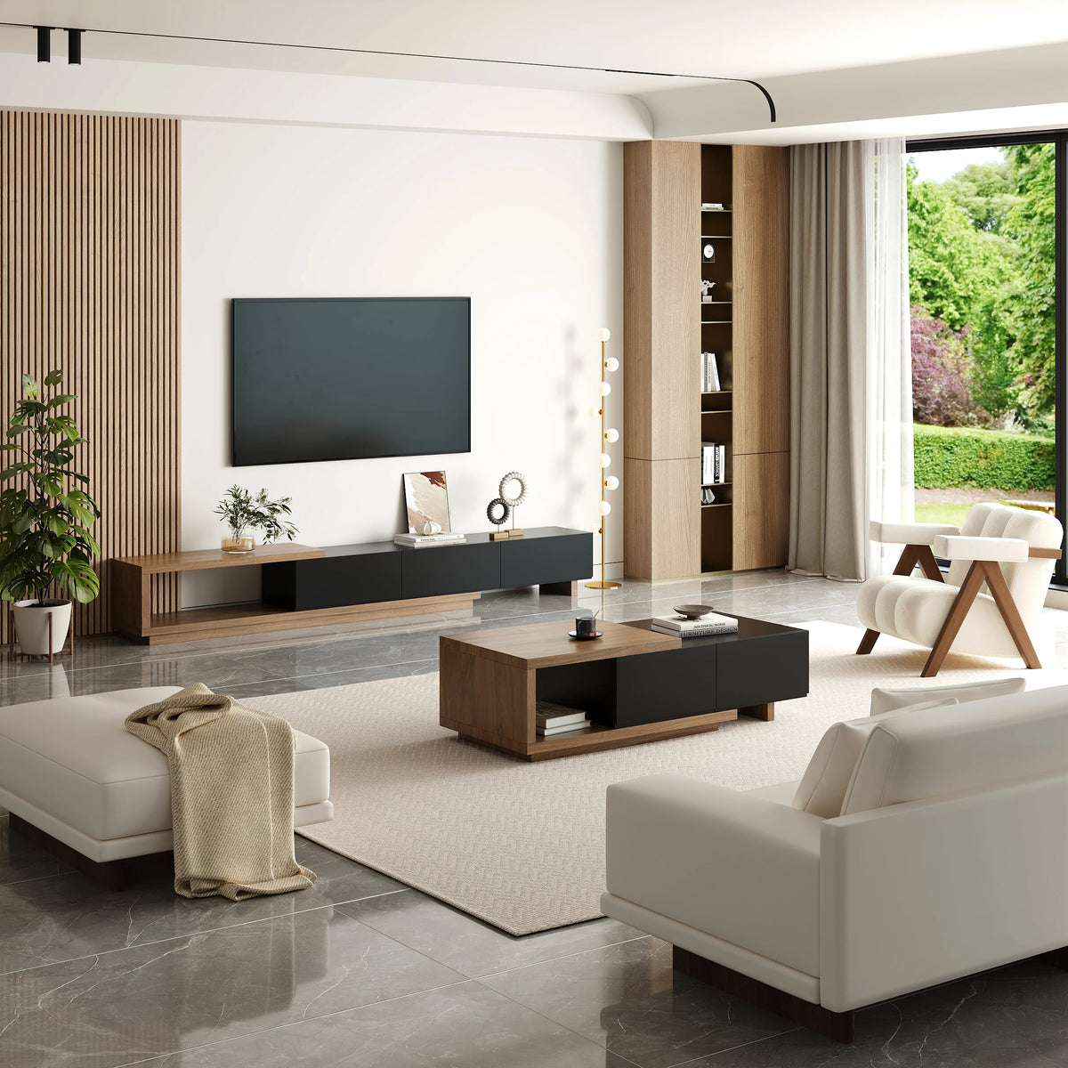 Ensemble meuble TV extensible et table basse Quoint Noir & noyer