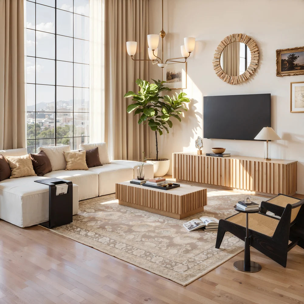 Ensemble meuble TV Aura avec meuble TV à lattes en bois de frêne et table basse Bois naturel