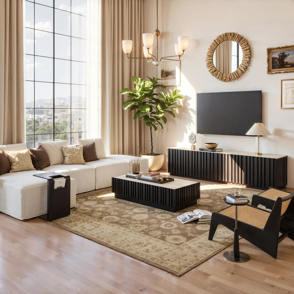 Ensemble meuble TV Aura avec meuble TV à lattes en bois de frêne et table basse Noir
