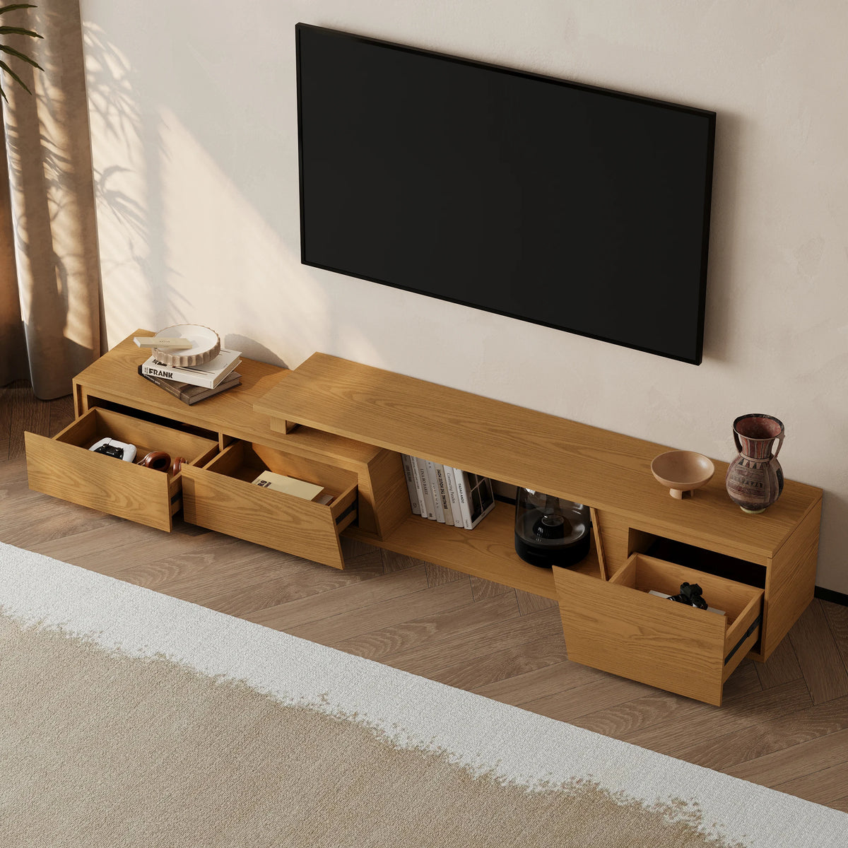 Ensemble meuble TV Fero en bois naturel, meuble TV extensible et table basse rectangulaire