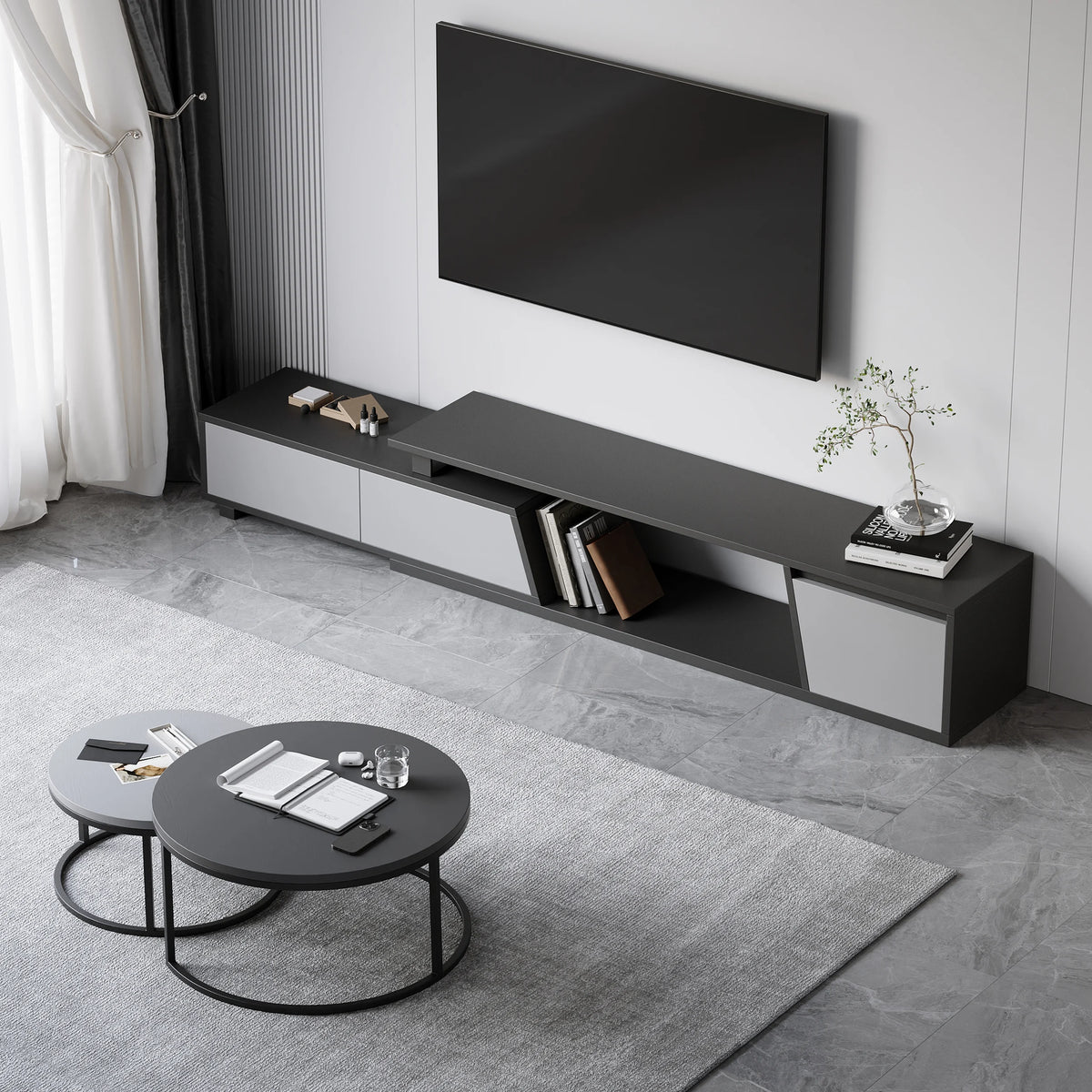 Ensemble meuble tv extensible gris et table basse emboîtable Fero