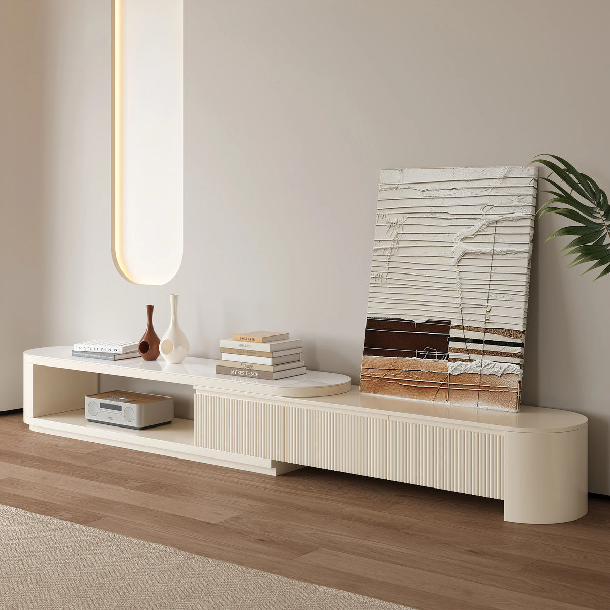 Ensemble meuble TV extensible et table basse Velar Ivoire mat