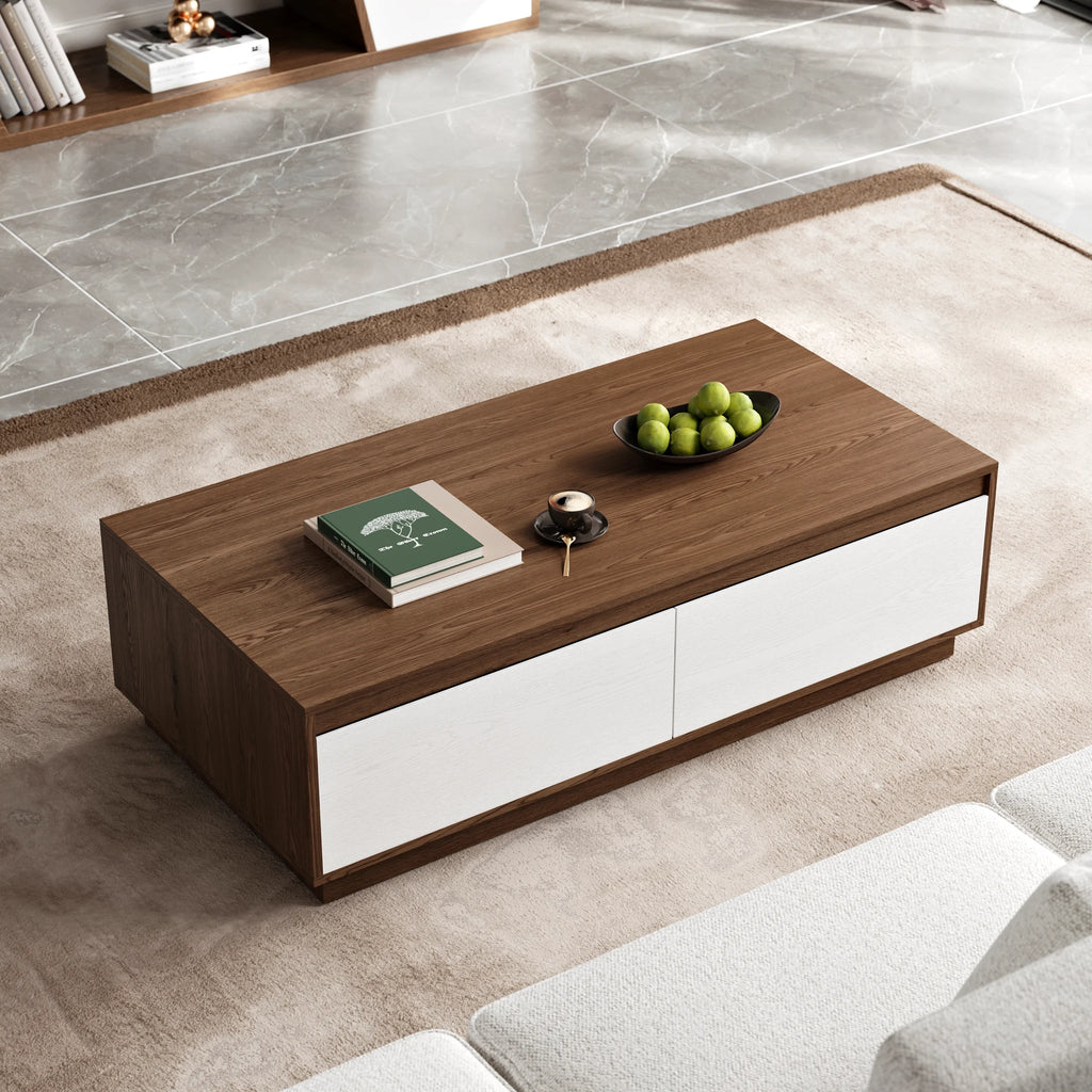Ensemble meuble TV Fero en bois blanc et noyer, meuble TV extensible et table basse rectangulaire