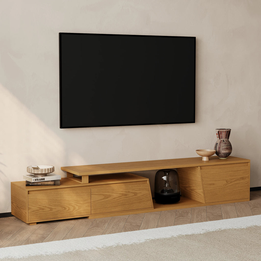Ensemble meuble TV Fero en bois naturel, meuble TV extensible et table basse rectangulaire