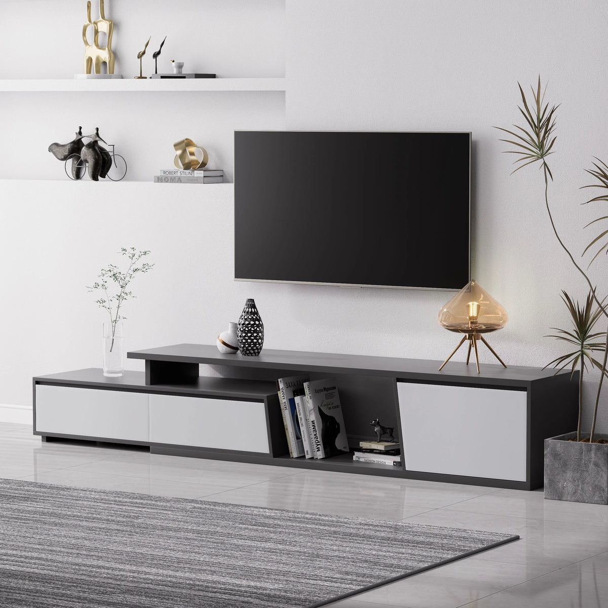 Ensemble meuble TV Fero en bois gris, meuble TV extensible et table basse rectangulaire