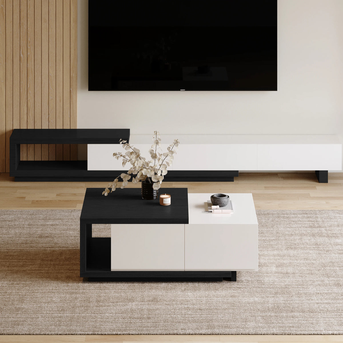 Ensemble meuble TV extensible et table basse Quoint Blanc & noir