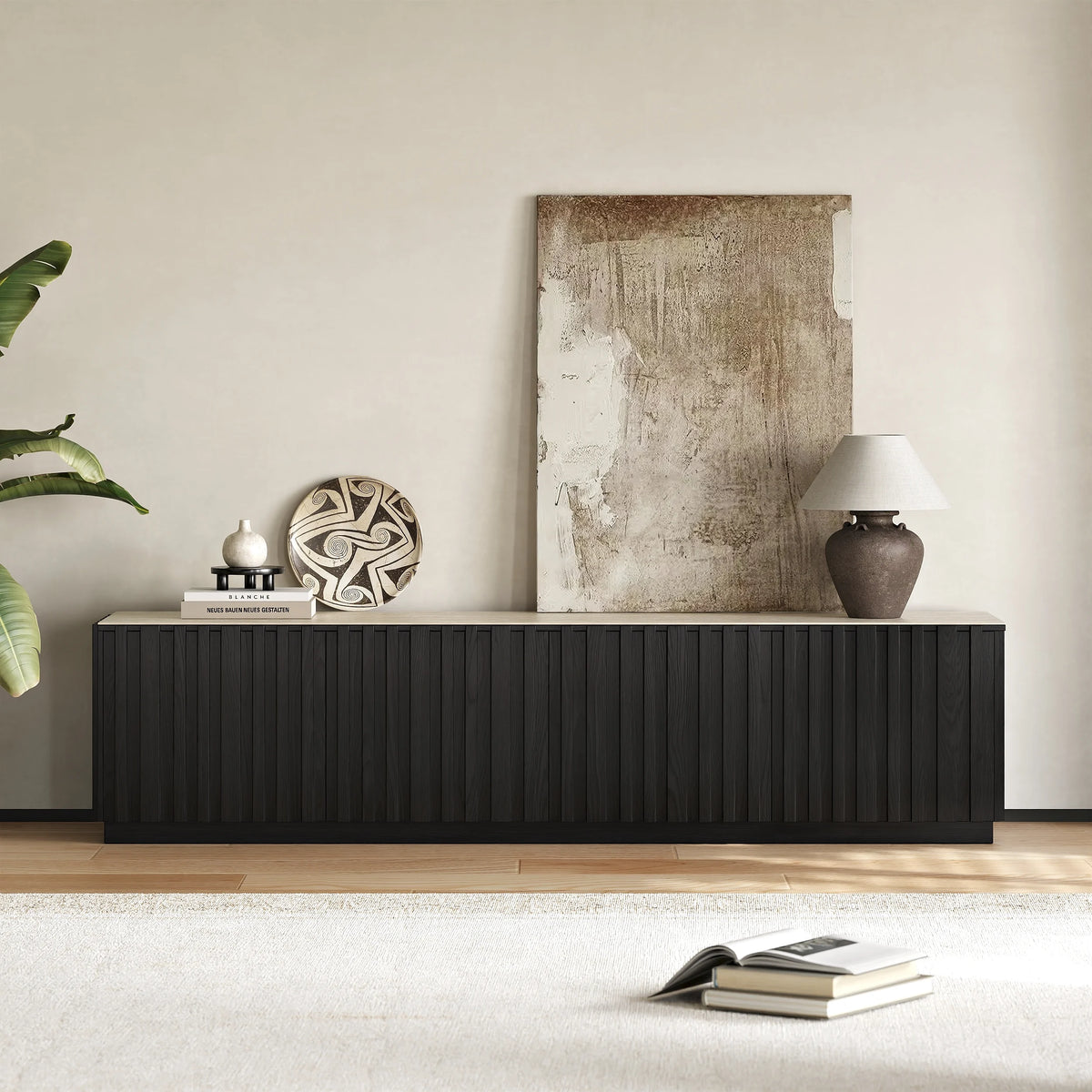 Ensemble meuble TV Aura avec meuble TV à lattes en bois de frêne et table basse Noir