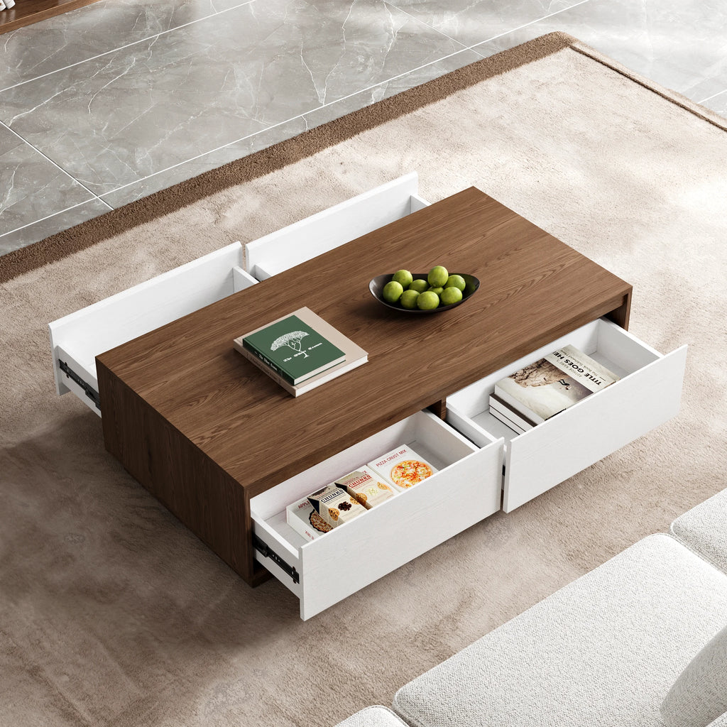 Ensemble meuble TV Fero en bois blanc et noyer, meuble TV extensible et table basse rectangulaire