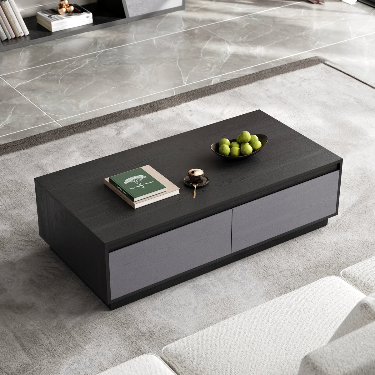 Ensemble meuble TV Fero en bois gris, meuble TV extensible et table basse rectangulaire