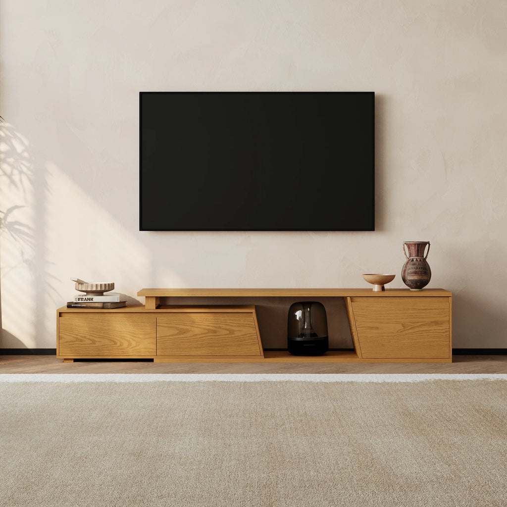 Ensemble meuble TV Fero en bois naturel, meuble TV extensible et table basse rectangulaire