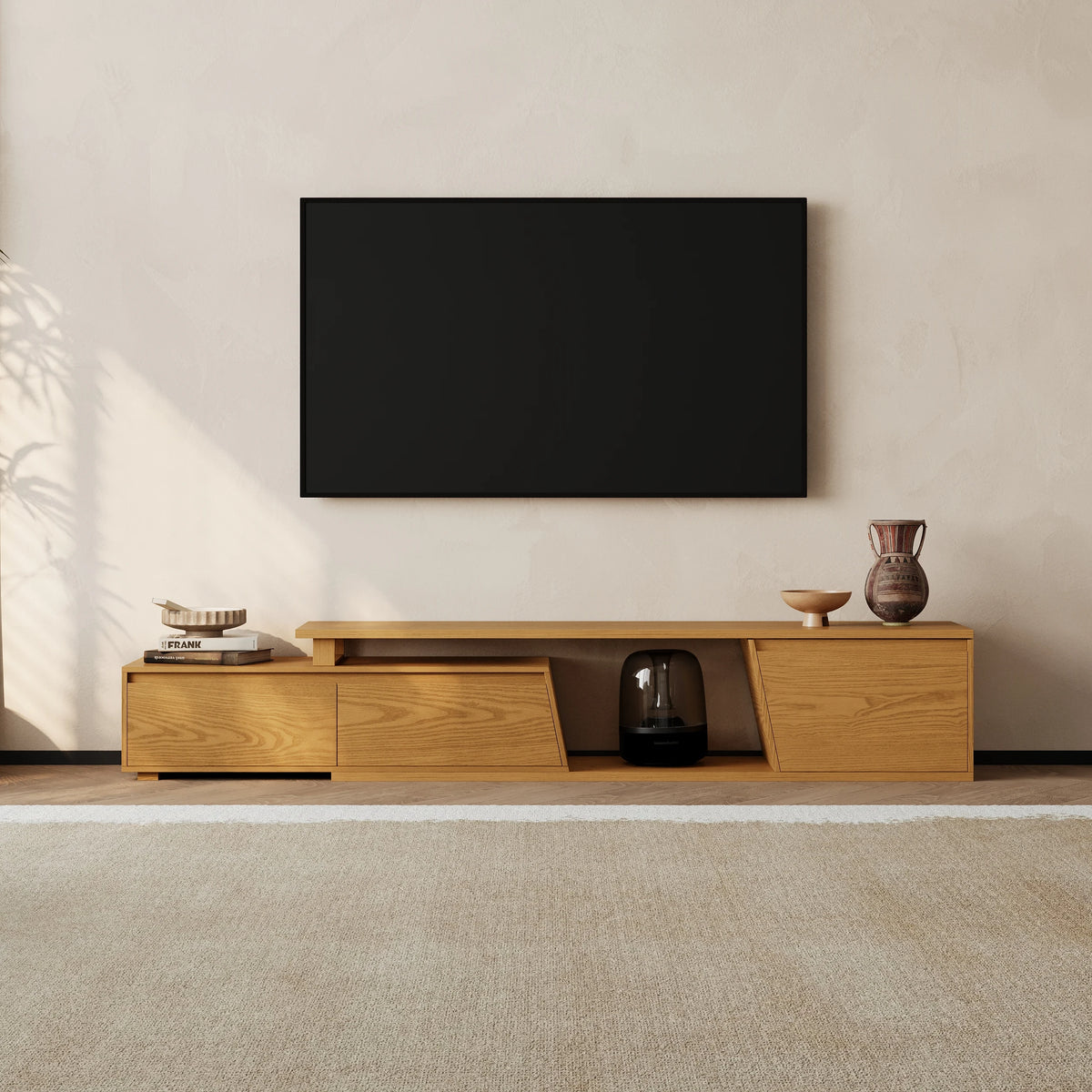Ensemble meuble TV Fero en bois naturel, meuble TV extensible et table basse rectangulaire