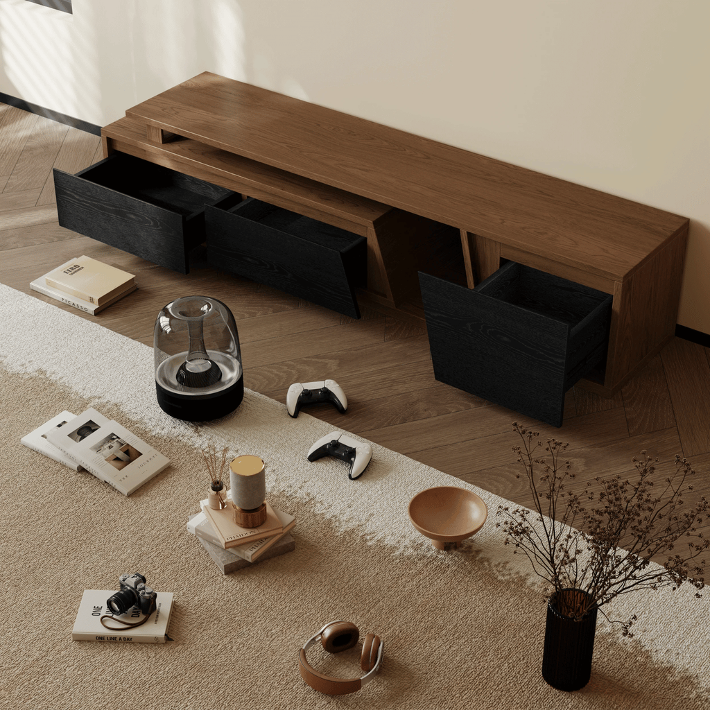 Ensemble meuble TV Fero en bois noir et noyer, meuble TV extensible et table basse rectangulaire