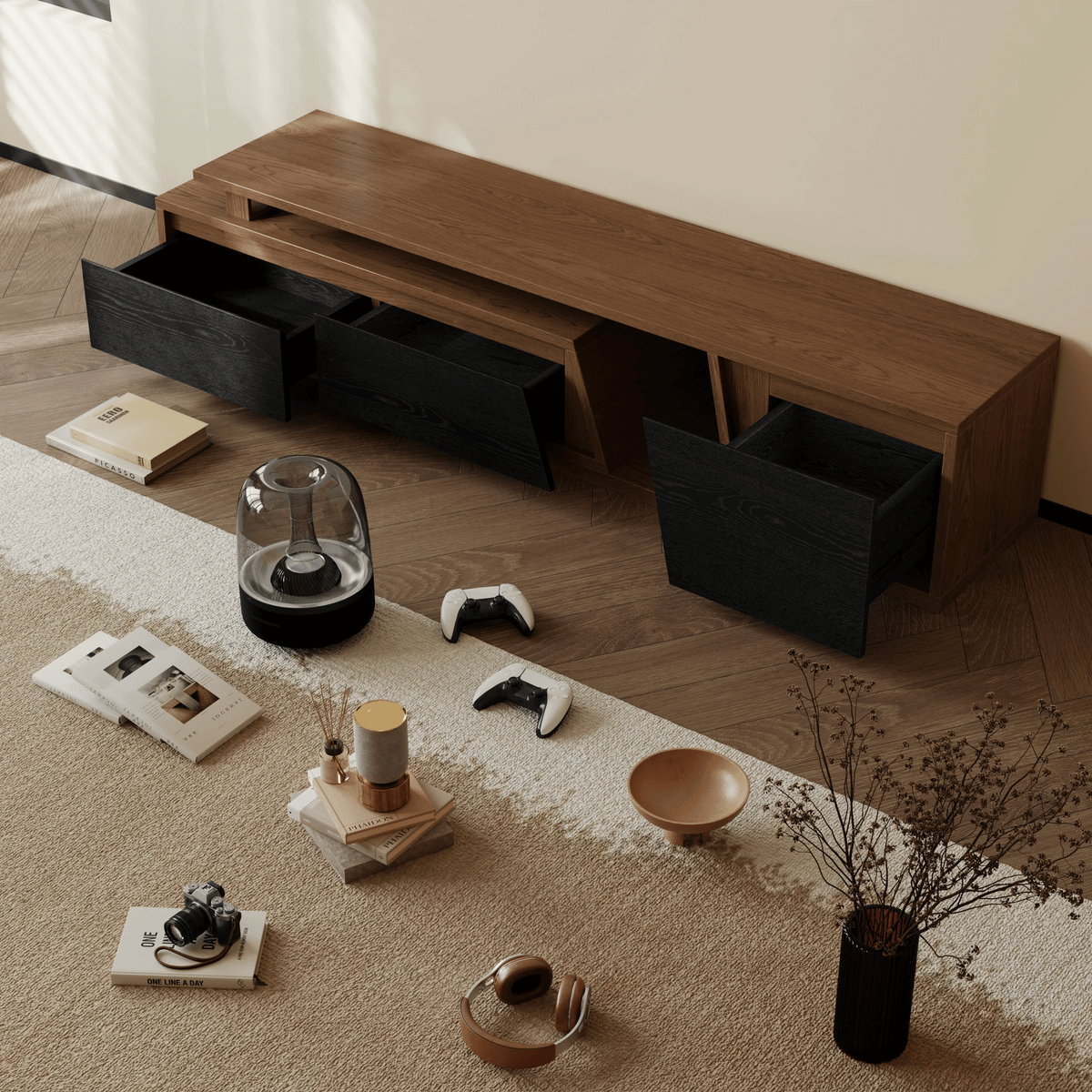 Ensemble meuble TV Fero en bois noir et noyer, meuble TV extensible et table basse rectangulaire