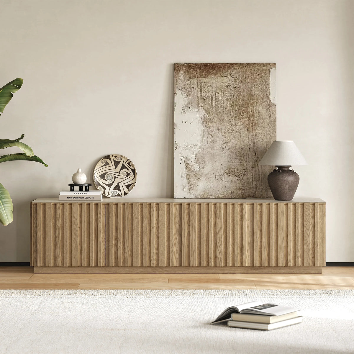 Ensemble meuble TV Aura avec meuble TV à lattes en bois de frêne et table basse Bois naturel