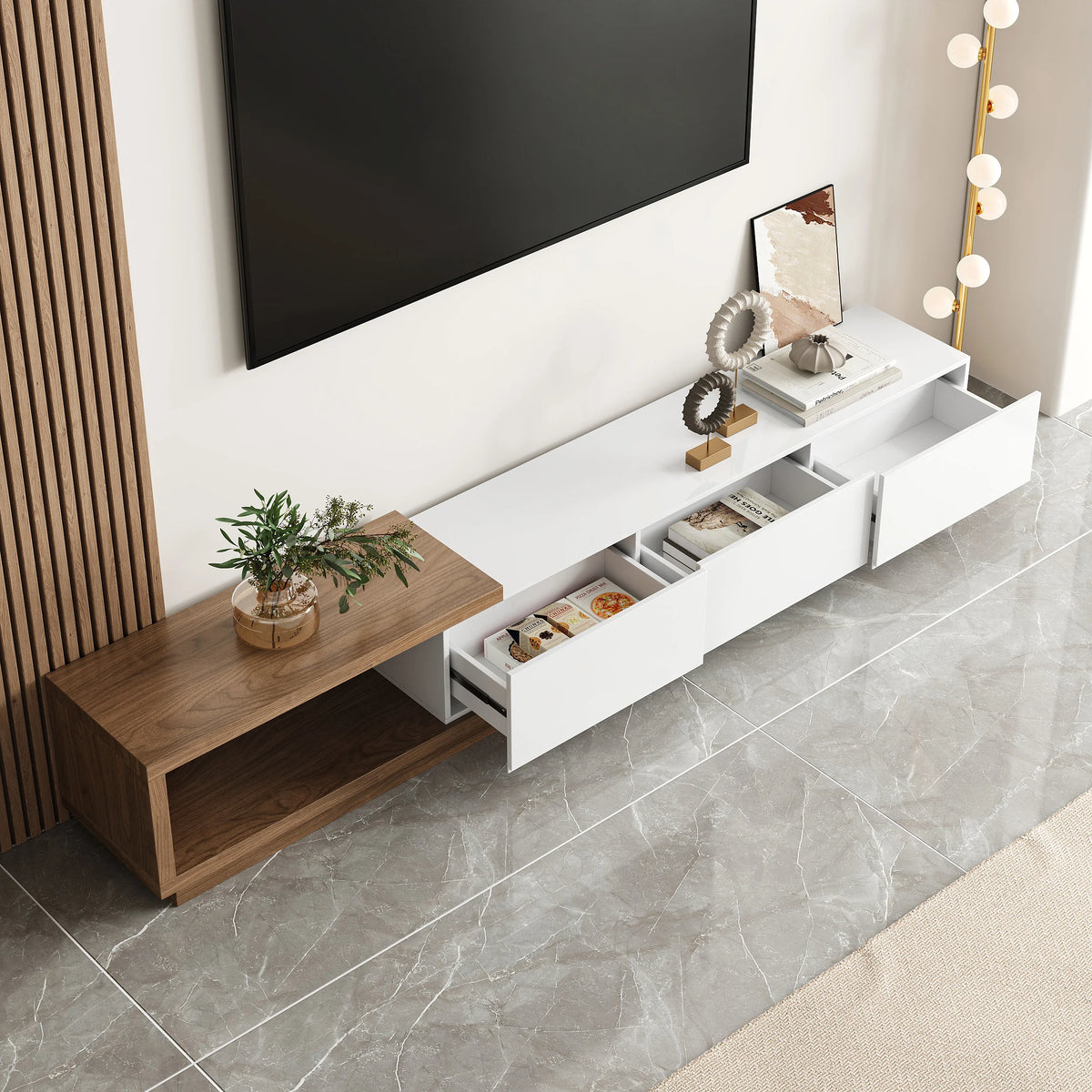 Ensemble meuble TV extensible et table basse Quoint Blanc & noyer