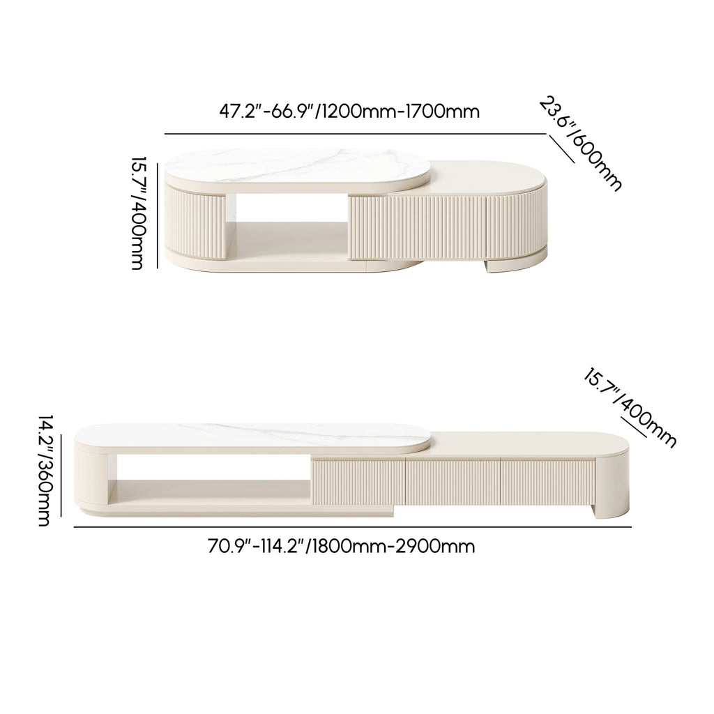 Ensemble meuble TV extensible et table basse Velar Ivoire mat