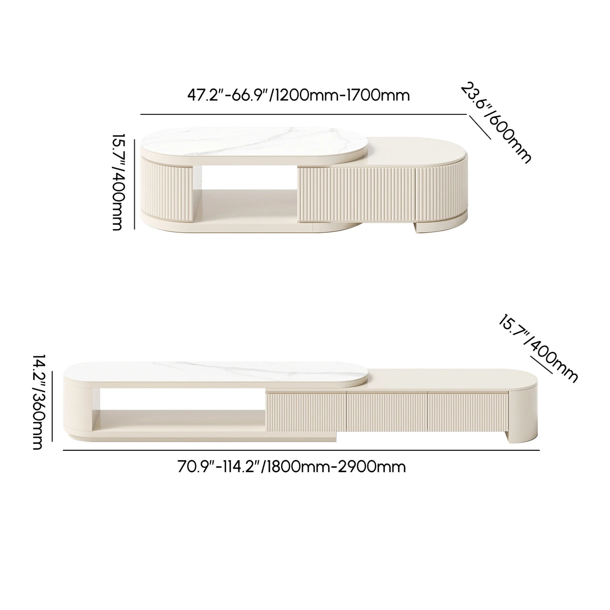 Ensemble meuble TV extensible et table basse Velar Ivoire mat