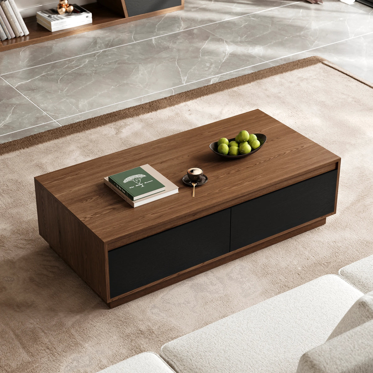 Ensemble meuble TV Fero en bois noir et noyer, meuble TV extensible et table basse rectangulaire