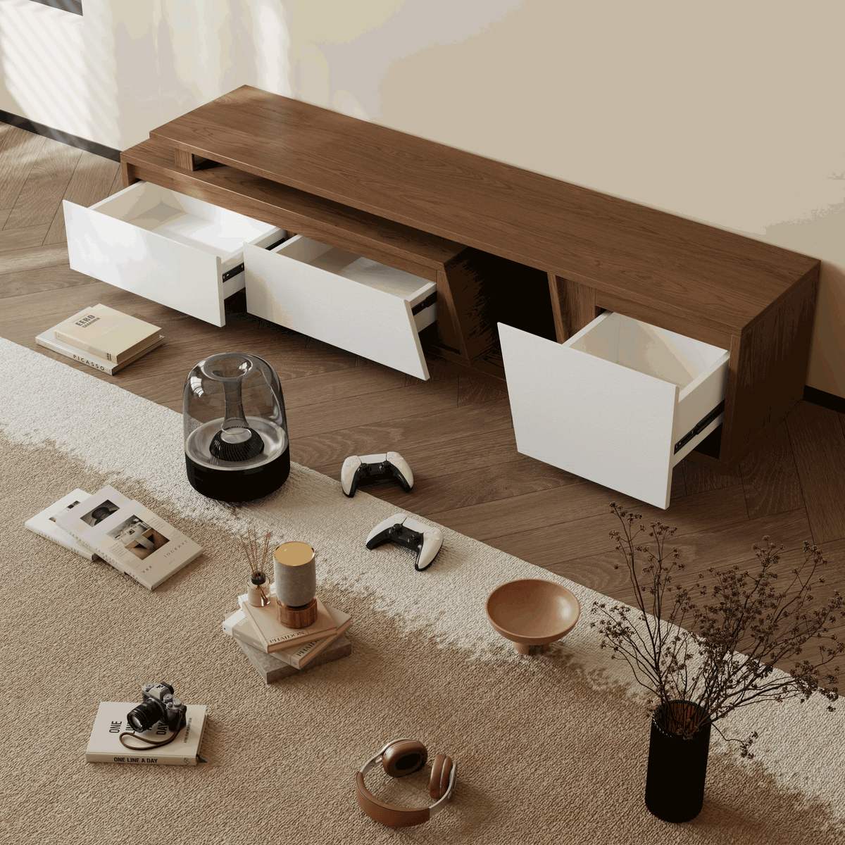 Ensemble meuble TV Fero en bois blanc et noyer, meuble TV extensible et table basse rectangulaire