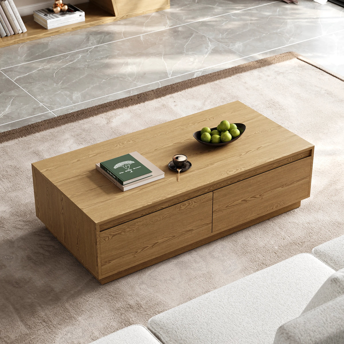 Ensemble meuble TV Fero en bois naturel, meuble TV extensible et table basse rectangulaire