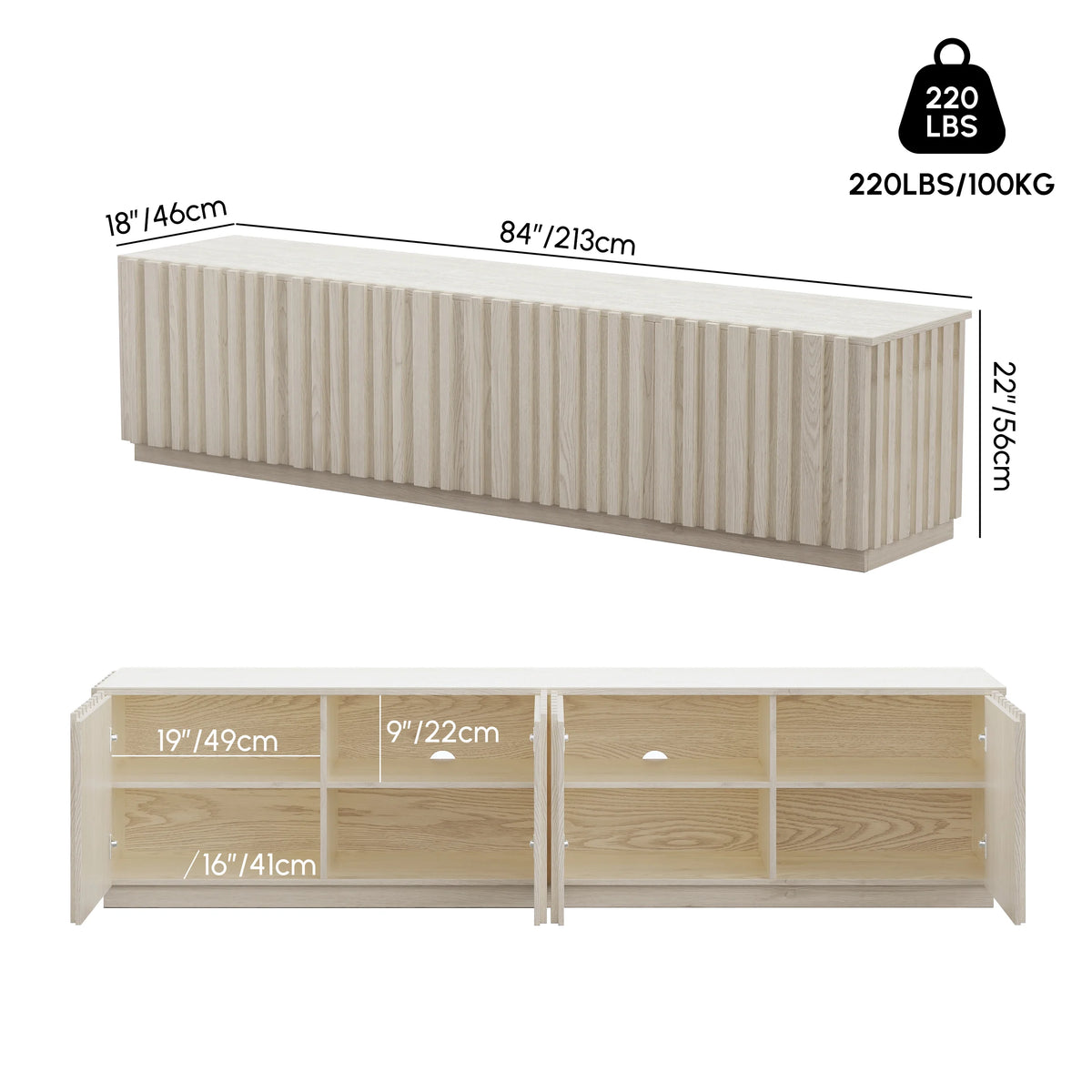 Ensemble meuble TV Aura avec meuble TV à lattes en bois de frêne et table basse Bois blanc