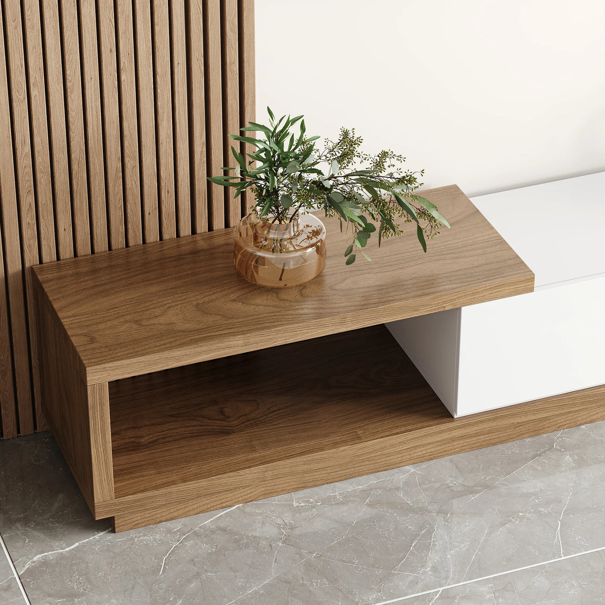 Ensemble meuble TV extensible et table basse Quoint Blanc & noyer