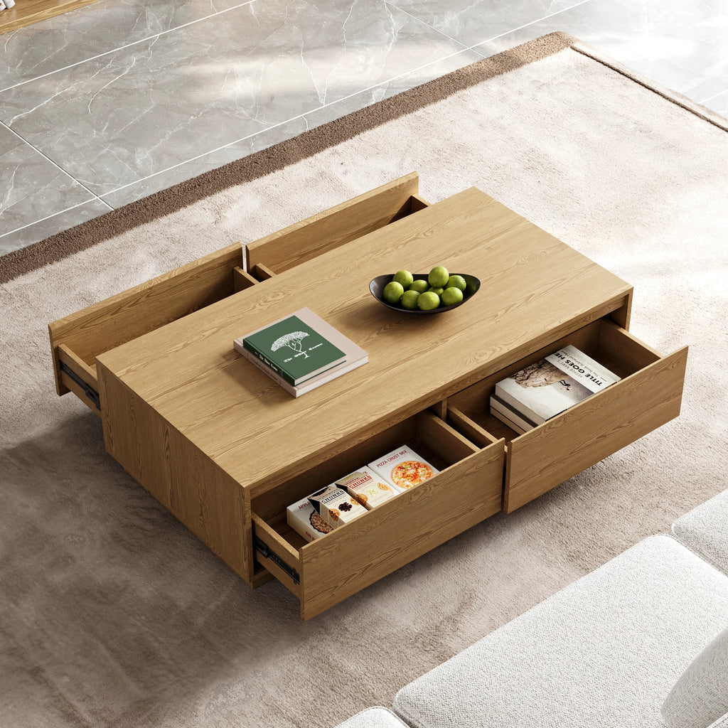 Ensemble meuble TV Fero en bois naturel, meuble TV extensible et table basse rectangulaire