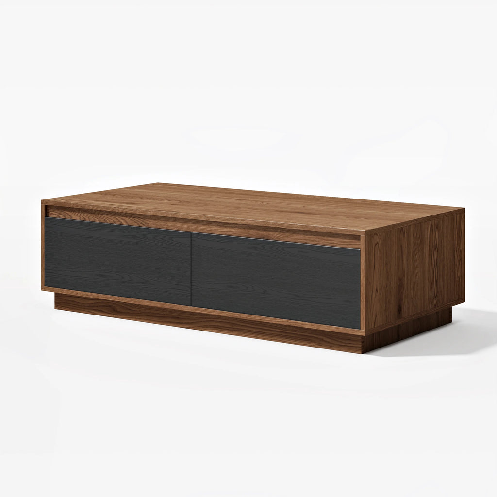 Ensemble meuble TV Fero en bois noir et noyer, meuble TV extensible et table basse rectangulaire