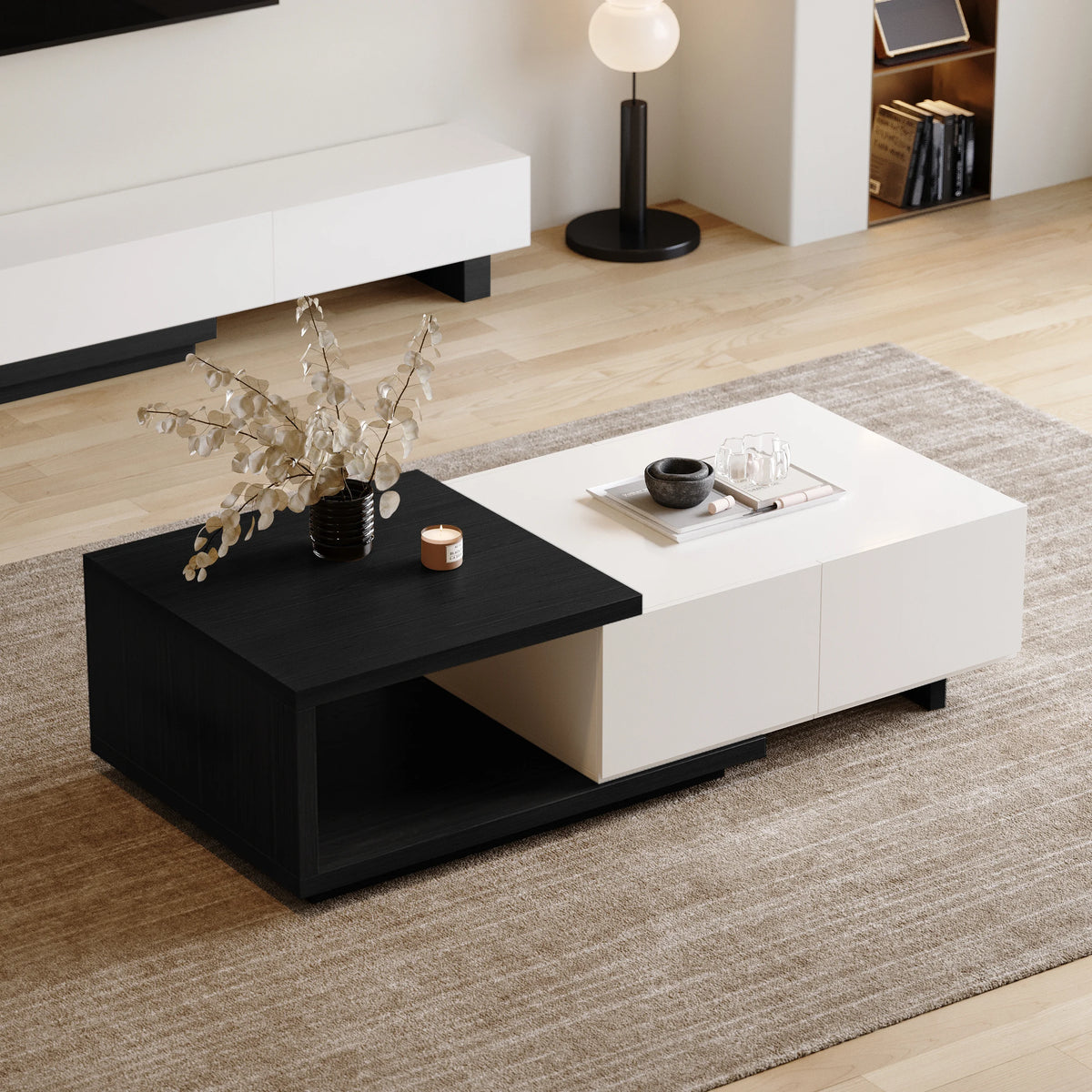 Ensemble meuble TV extensible et table basse Quoint Blanc & noir