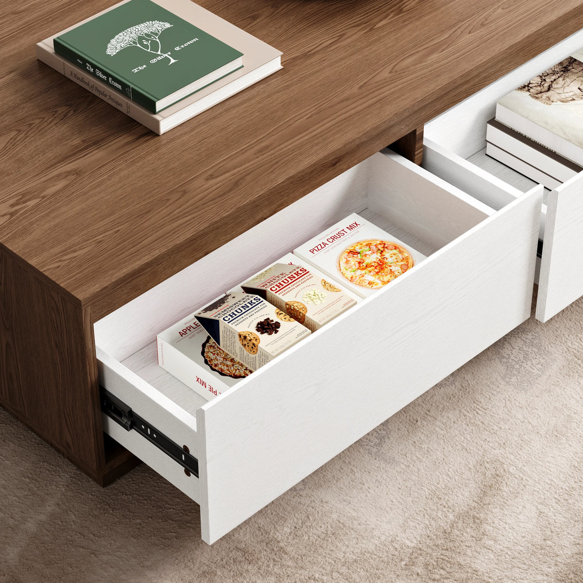 Ensemble meuble TV Fero en bois blanc et noyer, meuble TV extensible et table basse rectangulaire