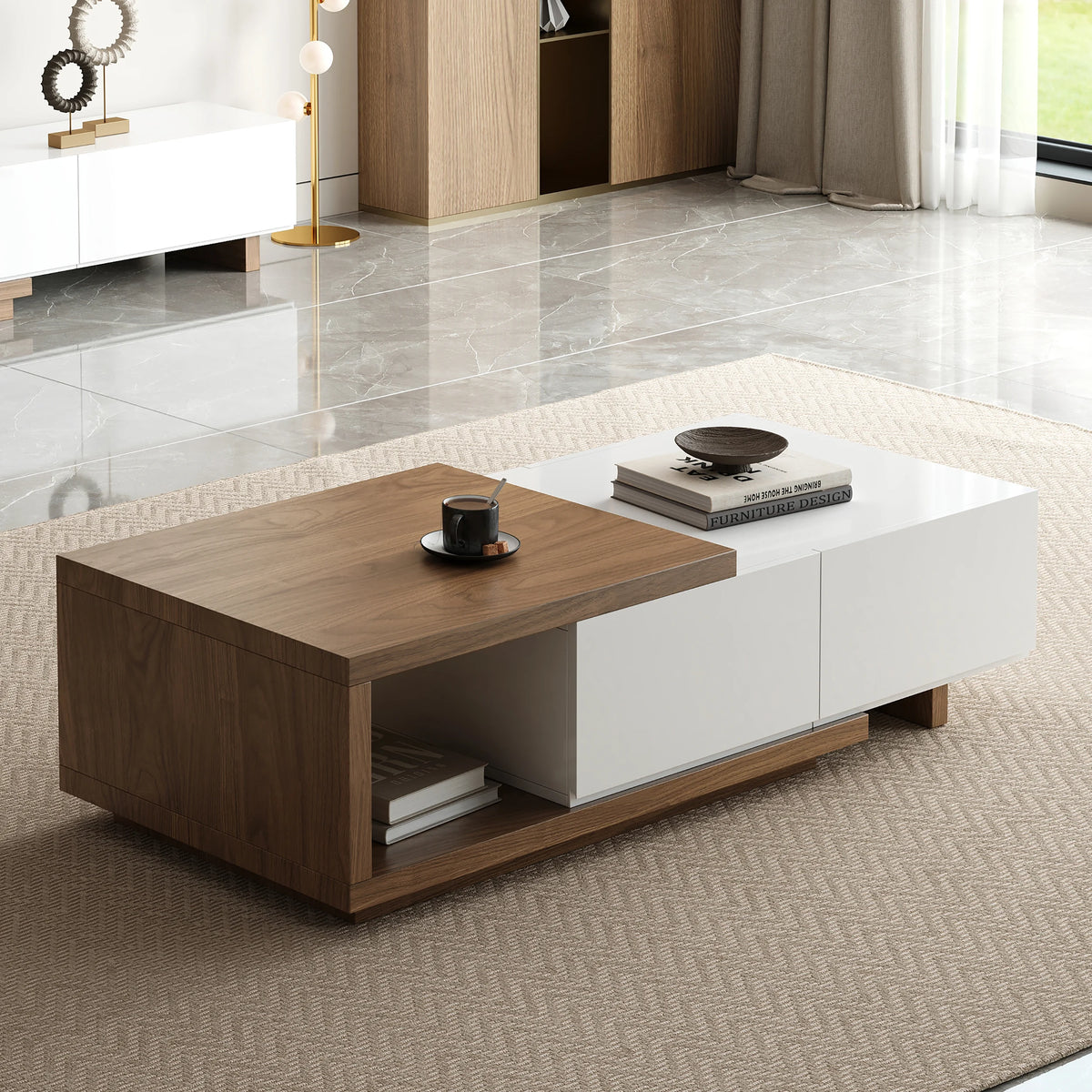 Ensemble meuble TV extensible et table basse Quoint Blanc & noyer