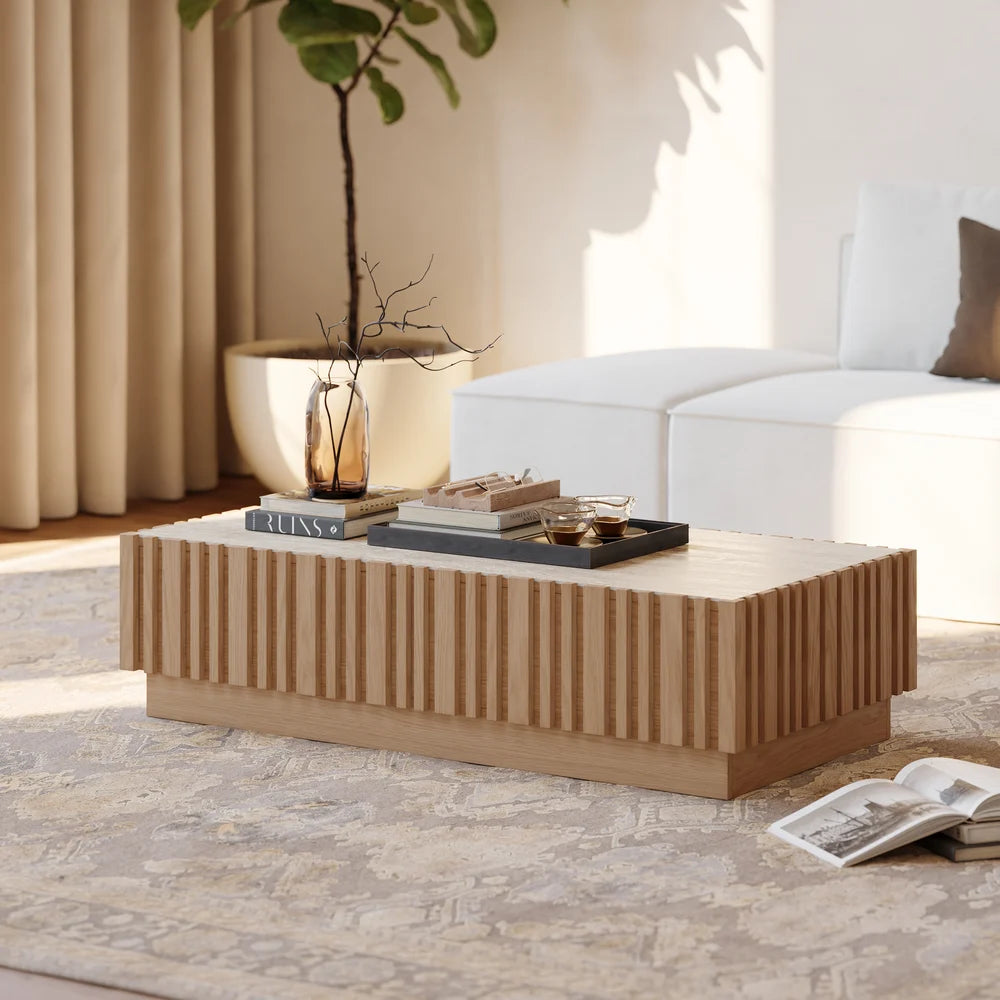 Ensemble meuble TV Aura avec meuble TV à lattes en bois de frêne et table basse Bois naturel