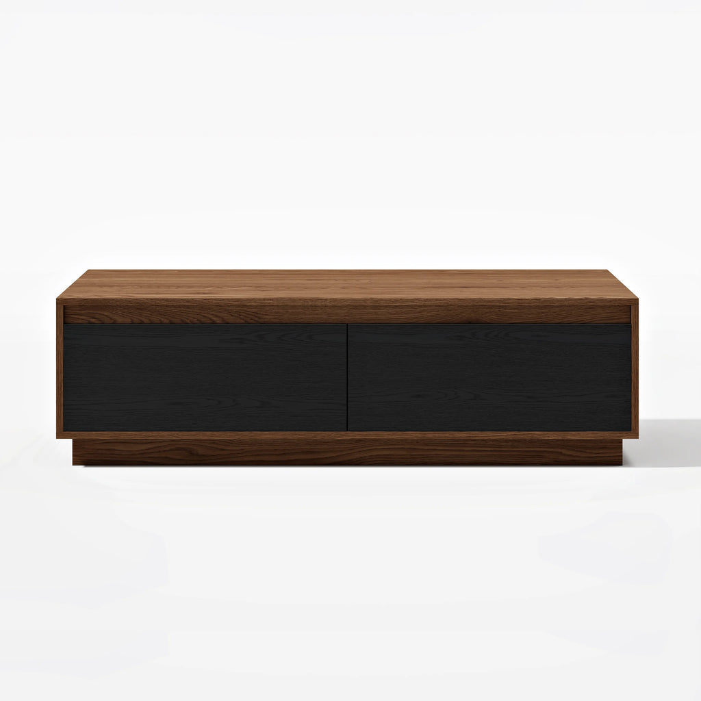 Ensemble meuble TV Fero en bois noir et noyer, meuble TV extensible et table basse rectangulaire