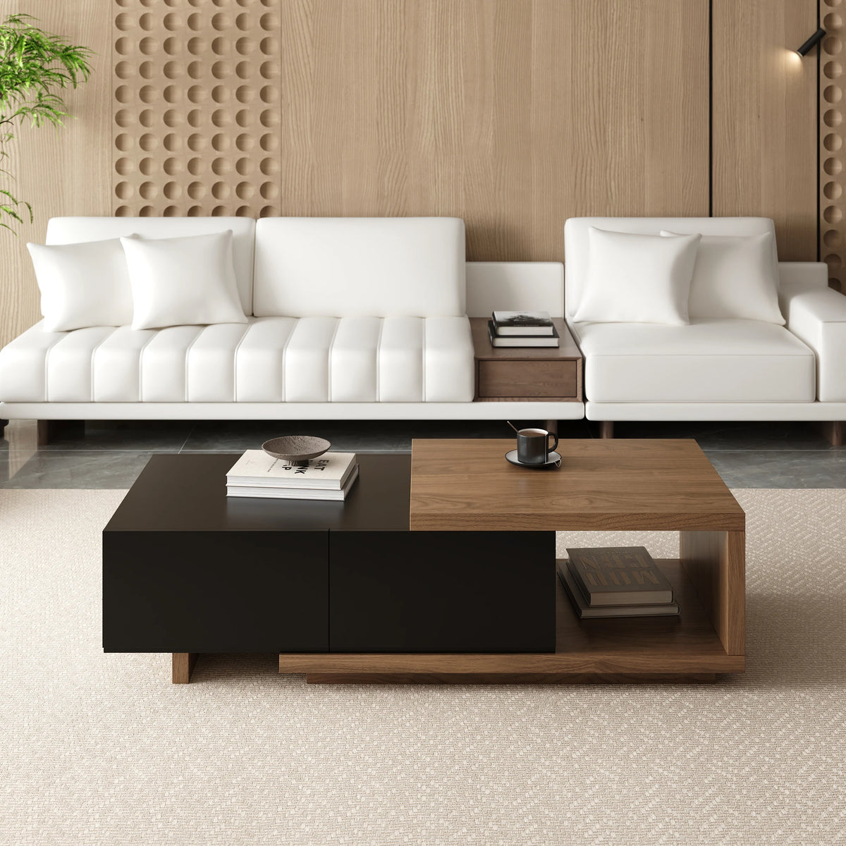 Ensemble meuble TV extensible et table basse Quoint Noir & noyer