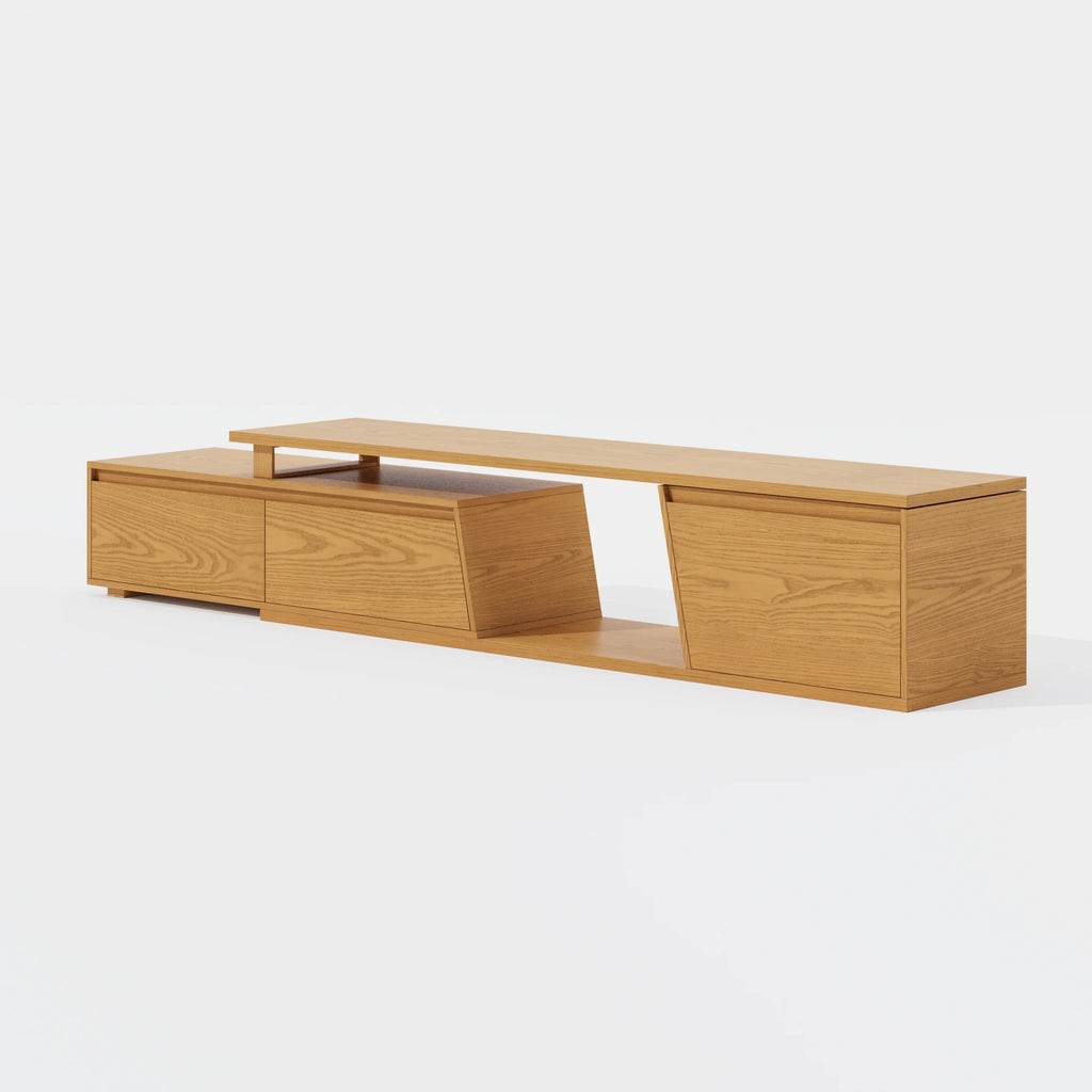 Ensemble meuble TV Fero en bois naturel, meuble TV extensible et table basse rectangulaire