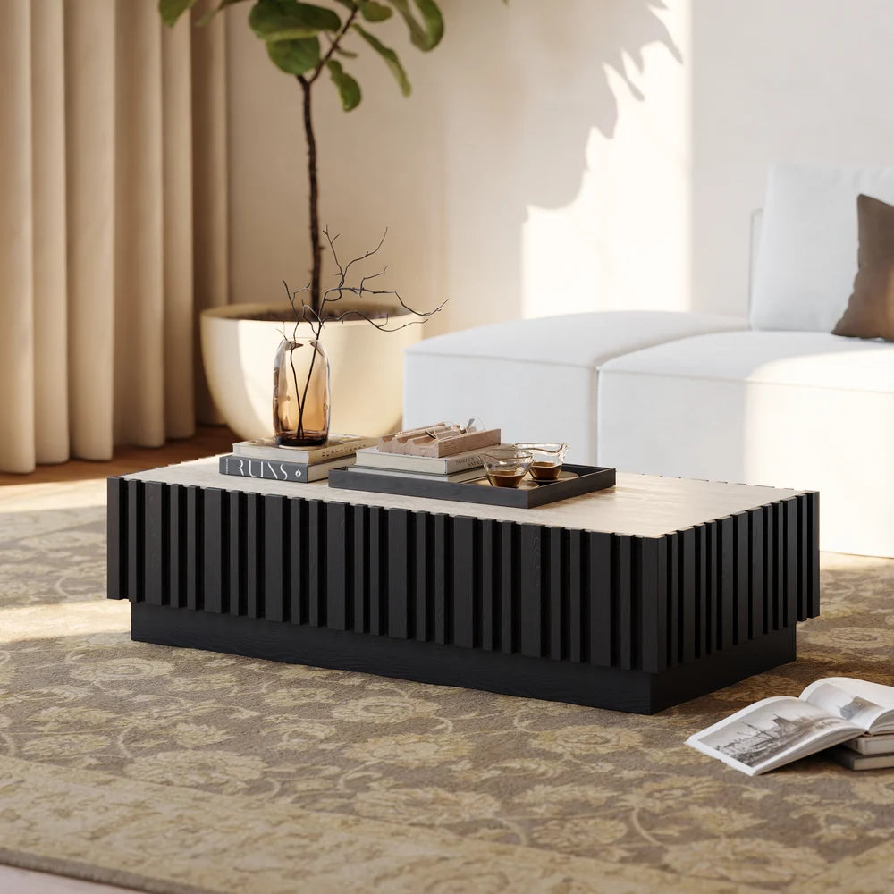 Ensemble meuble TV Aura avec meuble TV à lattes en bois de frêne et table basse Noir