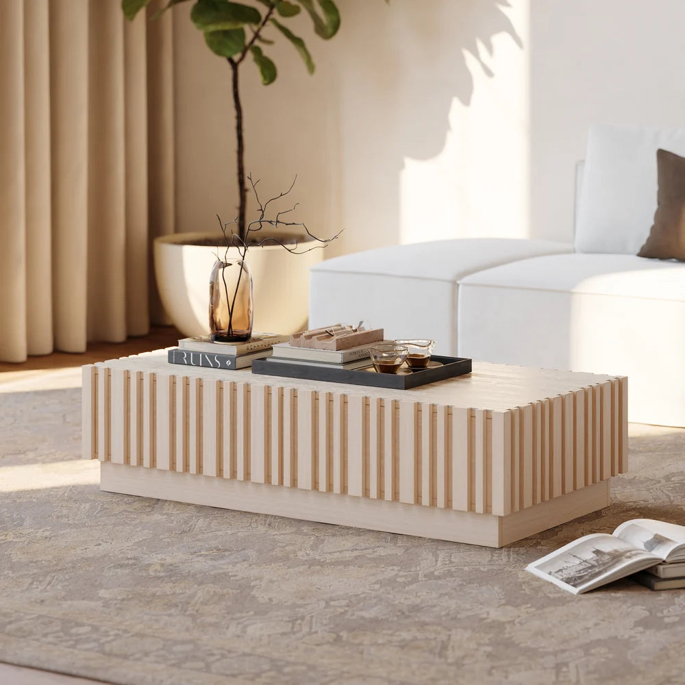 Ensemble meuble TV Aura avec meuble TV à lattes en bois de frêne et table basse Bois blanc