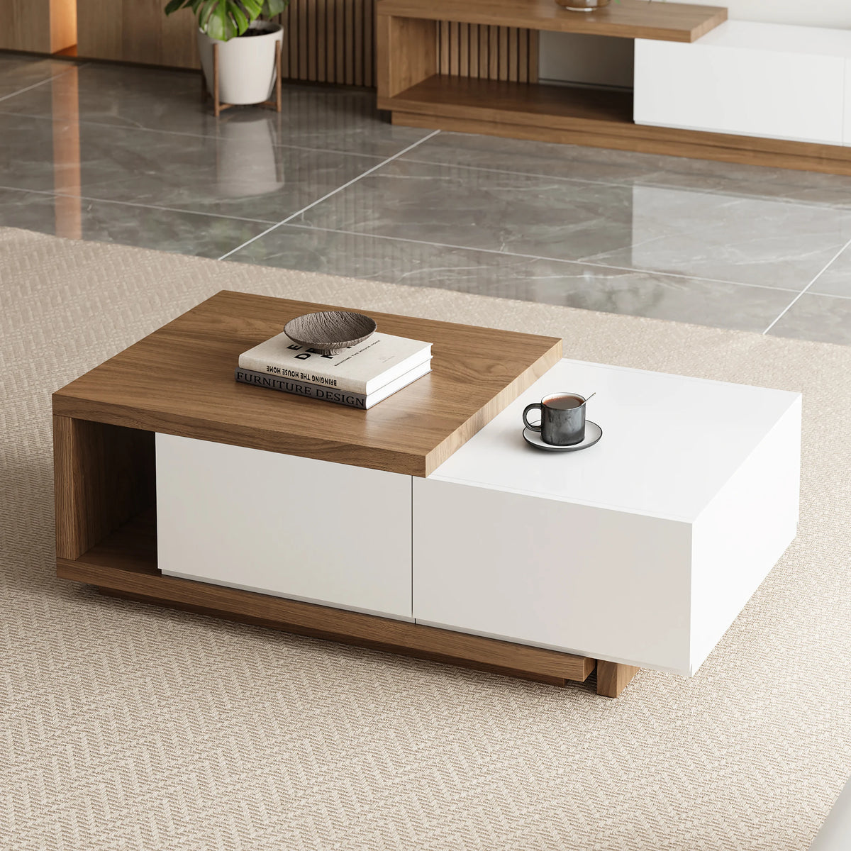 Ensemble meuble TV extensible et table basse Quoint Blanc & noyer