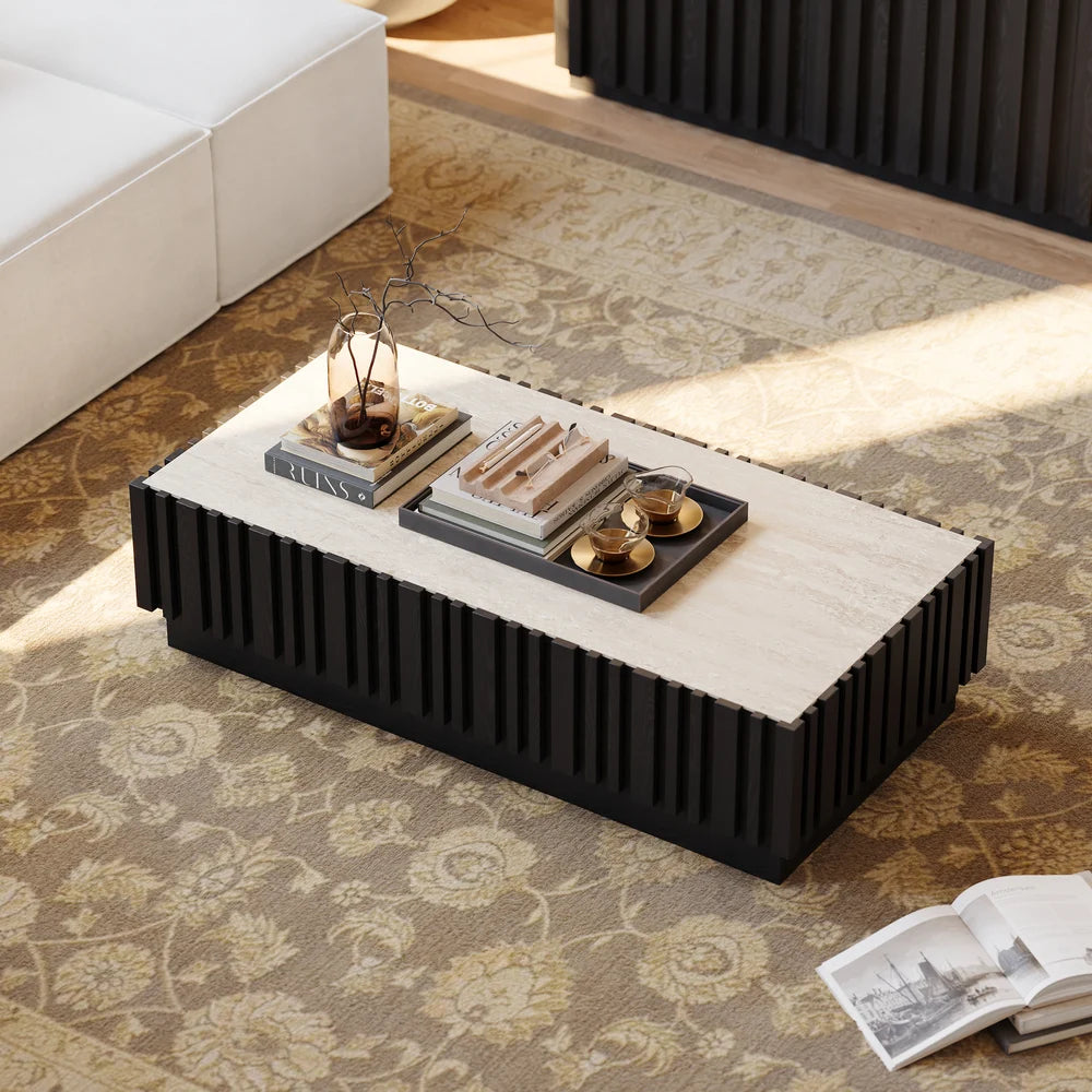 Ensemble meuble TV Aura avec meuble TV à lattes en bois de frêne et table basse Noir