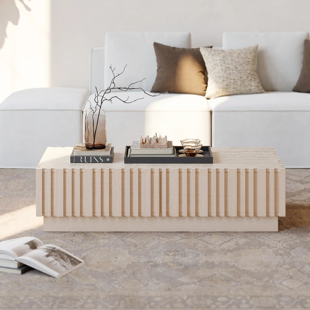 Ensemble meuble TV Aura avec meuble TV à lattes en bois de frêne et table basse Bois blanc