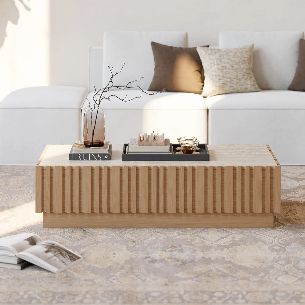 Ensemble meuble TV Aura avec meuble TV à lattes en bois de frêne et table basse Bois naturel