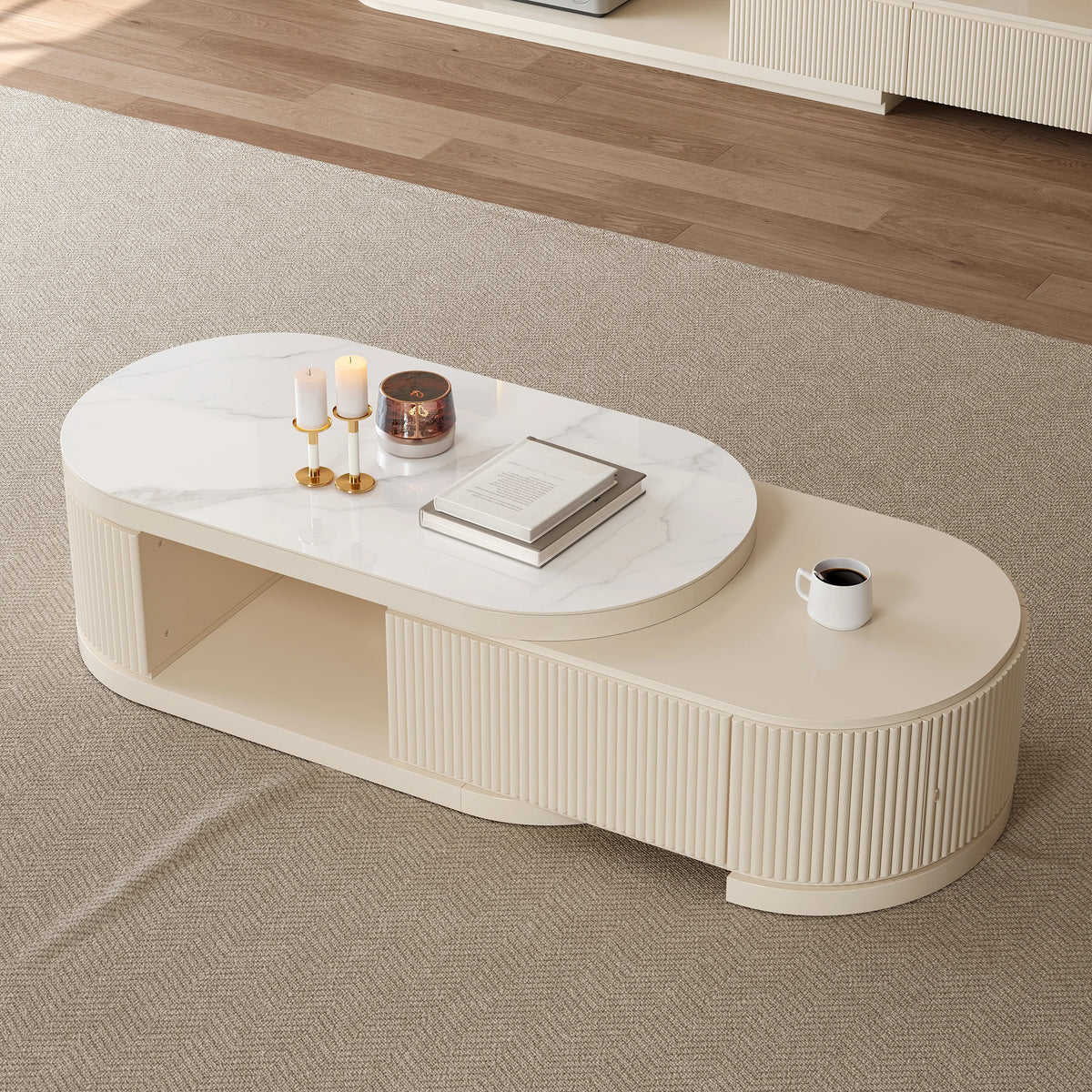 Ensemble meuble TV extensible et table basse Velar Ivoire mat